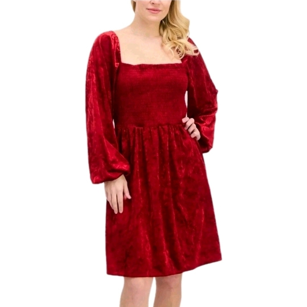 Bar III Red Velvet Square Neck Dress with Bishop Sleeves Womens Size L